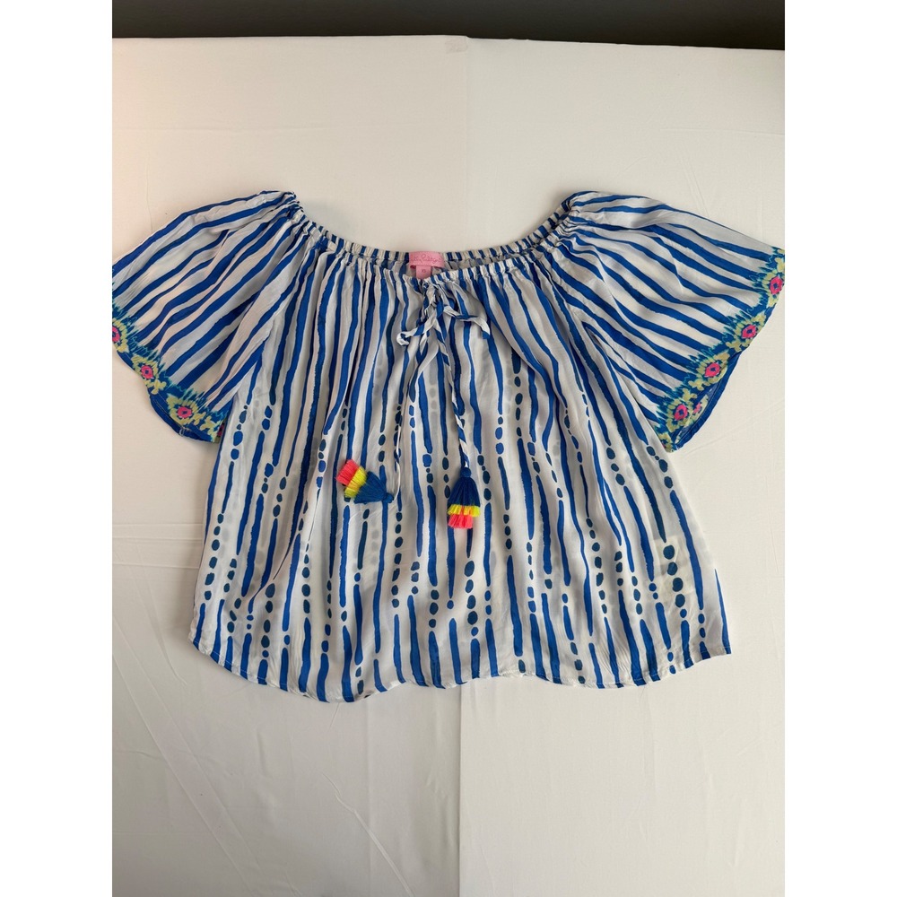 Lilly Pulitzer Sain Off The Shoulder Top in Blue Crush Bay Stripe. Boho Resort